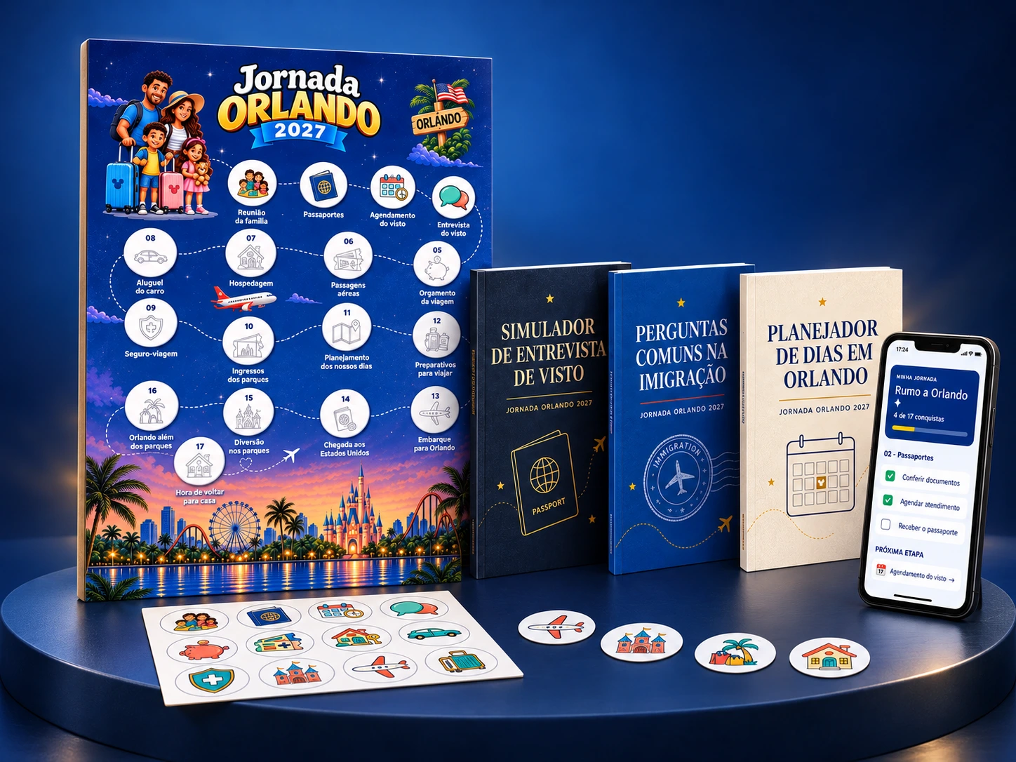 Kit completo: trilha com adesivos, celular com checklist, três guias e adesivos ainda não utilizados sobre a mesa
